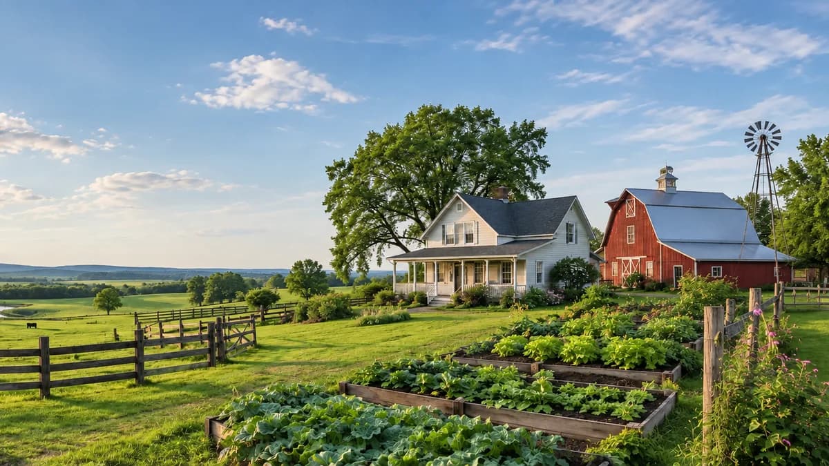 Green vegetable beds, a farmhouse, and a barn surrounded by trees on a small farm